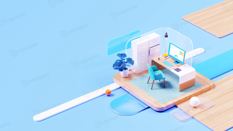 Business - Office - Workstation 3D Illustration for landing page